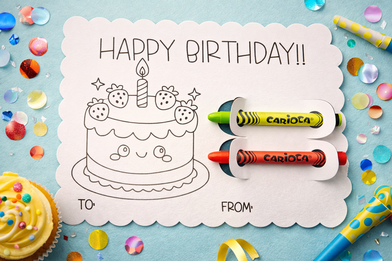 Printable Birthday Crayon Holder Card – Cute Cake Design, Kids Party Favor, Coloring Gift